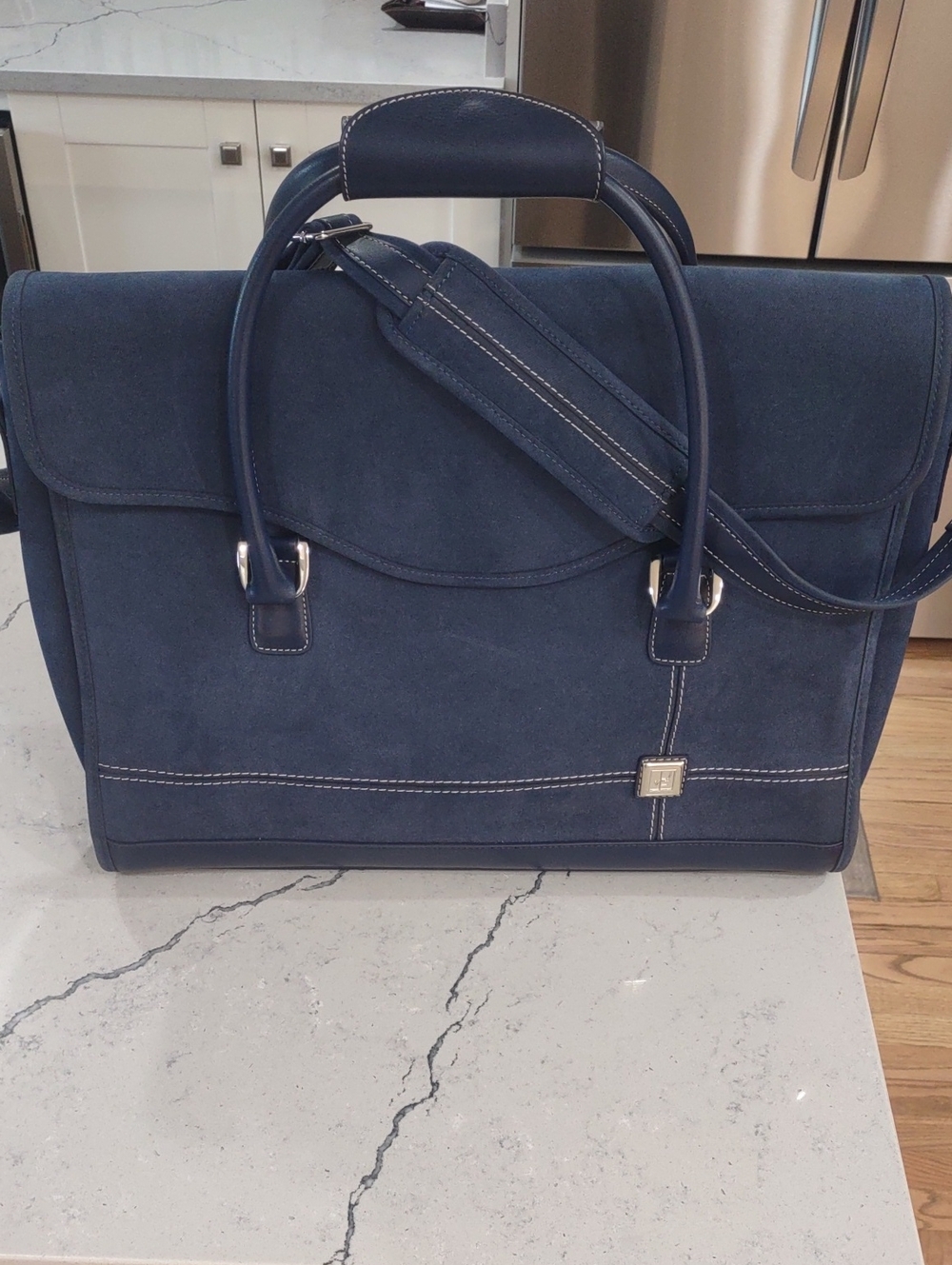 Diane Von Furstenberg DVF Navy Suede and Leather Tote Bag with Top Handles EUC
